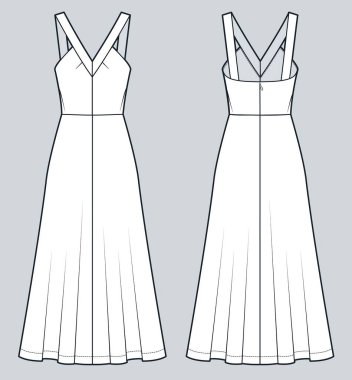  Askılı Maxi Elbise Teknik Moda Çizimi. İşaret fişeği Düz Teknik Şablon, düşük boyun, arka fermuar, kolsuz, ön ve arka görüş, beyaz, kadın CAD modeli giyin.