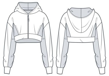  Fermuarlı kapüşonlu teknik moda illüstrasyonu. Fermuarlı Ceket moda düz çizim şablonu, kırpılmış, büyük boy, ön ve arka görünüm, beyaz, gri, kadın, erkek, unisex spor giyim modeli CAD.