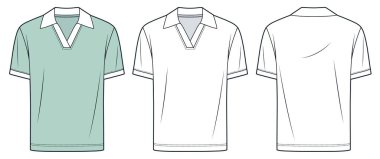 Polo Shirt teknik moda illüstrasyonu. Kısa kollu Polo gömlekli düz çizim şablonu, v yaka, ön ve arka görüş, beyaz, nane yeşili, kadınlar, erkekler, unisex Top CAD model seti.