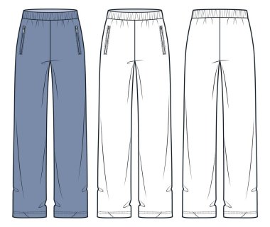  Koşu Pantolonu moda düz teknik çizim şablonu. Sweat Pants teknik tasviri, büyük boy, elastik kemer, geniş bacak, ön ve arka görüş, beyaz, mavi, kadın, erkek, unisex CAD model seti.