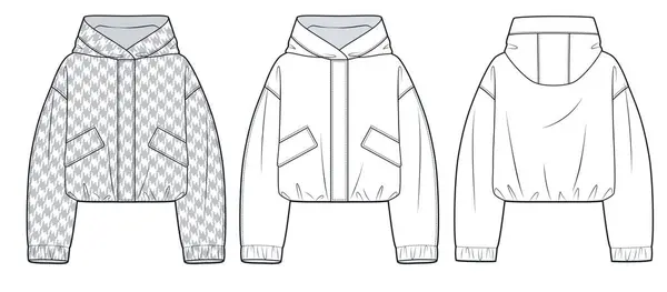 stock vector Hooded Jacket technical fashion Illustration. Nylon Jacket, Raincoat fashion flat technical drawing template, pocket, oversize, front and back view, white, gray, women, men, unisex CAD mockup set.