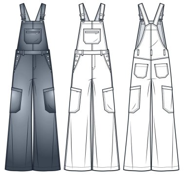 Geniş Bacaklı Dungarees moda düz çizim şablonu. Denim tulumları, tulum teknik moda illüstrasyonu, cepler, büyük boy, ön ve arka görünüm, beyaz, gri, kadın, erkek, unisex CAD model seti.