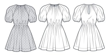 Kabarık Kollu Elbise Teknik Moda İllüstrasyonu. Mini Elbise Düz Teknik Şablon, Yuvarlak Boyun, Kasvetli Bel, Ön ve Arka Görünüm, Beyaz, Gri, Kadınlar CAD Model Seti.