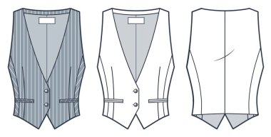 Yelek ceketi teknik moda illüstrasyonu, çizgili desen. Klasik Vest moda düz çizim şablonu, v yaka, kolsuz, ön ve arka görünüm, beyaz, gri, kadın, erkek, unisex CAD model seti.