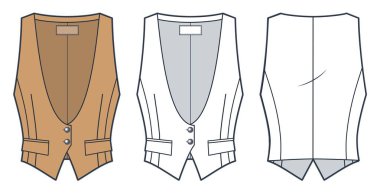 Pompalı Ceket Teknik Moda İllüstrasyonu. Klasik Yelekli Ceket moda düz çizim şablonu, ön ve arka görünüm, beyaz, deve kahverengisi, kadınlar, erkekler, unisex CAD model seti.