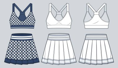 Set of Sports Bra, Skirts technical fashion illustration, houndstooth pattern. Pleated Skirt fashion flat technical drawing template, mini, slim fit, front and back view, white, blue, women CAD mockup set. clipart