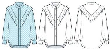 Ruffled Shirt Teknik Moda İllüstrasyonu. Bluz düz teknik çizim şablonu, dama tahtası deseni, düğme kapama, uzun kollu, ön ve arka görüş, beyaz, mavi, kadın CAD model seti.