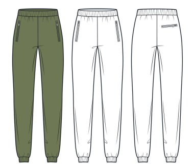  Koşu Pantolonu moda düz teknik çizim şablonu. Sweat Pants teknik moda Illustration, zip cepler, elastik bel, ön ve arka görüş, beyaz, haki yeşil, kadınlar, erkekler, unisex spor modelleme seti.