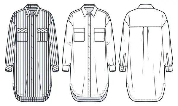 stock vector  Shirt Dress technical fashion Illustration, stripe design. Tunic Dress fashion flat technical drawing template, button down, relaxed fit, front and back view, white, blue, women, men, unisex CAD mockup set.