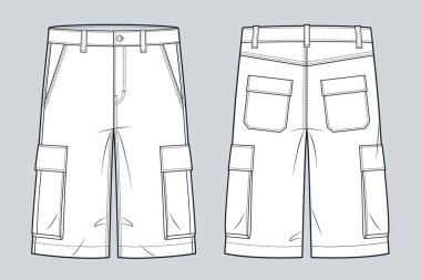 Kargo Şortu Teknik Moda İllüstrasyonu. Short Pants moda düz çizim şablonu, cepler, ön ve arka görünüm, beyaz, kadın, erkek, unisex CAD modeli.