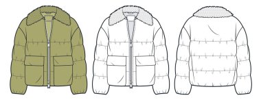 Kürk yakalı Down Jacket, teknik tasarım. Puffer Jacket, Outerwear teknik çizim şablonu, fermuar, cep, ön ve arka görüş, beyaz, zeytin yeşili, kadınlar, erkekler, unisex CAD model seti.