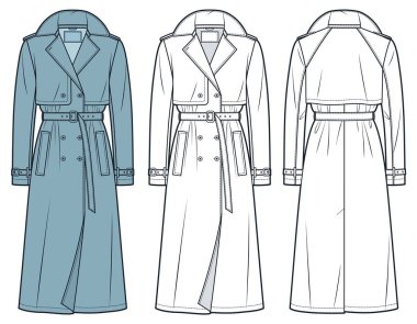 Trench Coat Teknik Moda İllüstrasyonu. Klasik Trench Coat moda düz çizim şablonu, midi boy, çift göğüslü, cepler, ön ve arka görüş, beyaz, mavi, kadınlar, erkekler, unisex CAD model seti.