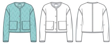 Down Jacket Teknik Moda İllüstrasyonu. Yastıklı Ceket moda düz çizim şablonu, cepler, ön ve arka görünüm, beyaz, yeşil, kadınlar, erkekler, unisex Outrwear CAD model seti.