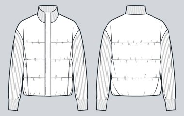 Down Jacket Teknik Moda İllüstrasyonu. Örgü kollu Kiralık Ceket ve tasma düz tasma çizim şablonu, cepleri, ön ve arka görünümü, beyaz, kadın, erkek, unisex CAD modeli.