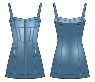 Genel Kıyafet Teknik Moda Illustration. Kemerli mini elbise moda düz çizim şablonu, ön fermuar, cepler, ön ve arka görüş, mavi, kadın CAD modeli.