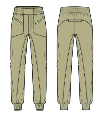 Koşu pantolonu teknik moda illüstrasyonu. Denim Pants moda düz çizim şablonu, cep, elastik kemer, ön ve arka görüş, güneş kahverengi renk, kadınlar, erkekler, unisex CAD modeli.