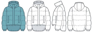  Kapüşonlu Ceket Teknik Moda İllüstrasyonu. Doldurulmuş Ceket moda düz çizim şablonu, cepler, asimetrik alt, ön, yan ve arka görüş, beyaz, retro mavi, kadınlar, erkekler, unisex Outrwear CAD model set.