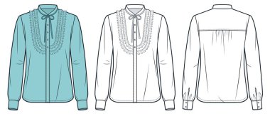 Tie Neck Shirt teknik moda tasviri. Fırfırlı bluz düz teknik çizim şablonu, kelepçeli uzun kol, aşağı düğme, ön ve arka görüş, beyaz, mavi, kadın CAD model seti