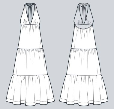  Halter Dress teknik moda illüstrasyonu. Tiped Maxi Dress moda düz çizim şablonu, ön ve arka görünüm, beyaz, kadın CAD modeli giyin.
