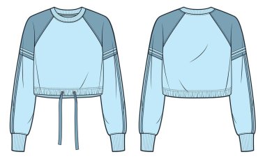 Sweatshirt teknik moda illüstrasyonu. Çizimli Sweatshirt düz çizim şablonu, kesilmiş, büyük boy, çizgili, paçavra kollu, önden ve arkadan görünüşlü, mavi, kadın, erkek, unisex CAD modeli.