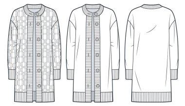  Örgü Cardigan teknik moda illüstrasyonu, kablo deseni. Düğmeli Cardigan moda düz çizim şablonu, yuvarlak boyun, rahat fit, önden ve arkadan görüş, beyaz, kadın, erkek, unisex CAD model seti.