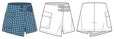 Mini Etek Teknik Moda İllüstrasyonu, Houndstooth Şablonu. Tokalı etek moda düz çizim şablonu, cep, A-hattı, ön ve arka görüş, beyaz, mavi, kadın, erkek, unisex CAD model seti.