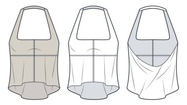  Halter Top teknik moda illüstrasyonu. Square Neck Top moda düz çizim şablonu, rahat format, ön ve arka görünüm, beyaz, bej, kadın CAD model seti.