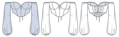 Omuz Üstü Teknik Moda Illustration. Büstiyer Top moda düz çizim şablonu, balon kollu, dantelli, dar kesim, ön ve arka görünüm, beyaz, açık mavi, kadın CAD model seti.