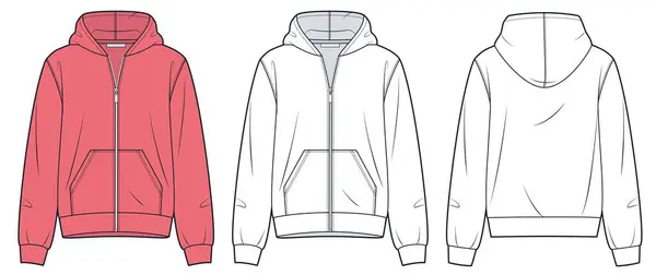 stock vector Zip Hoodie technical fashion illustration. Zipped Jacket fashion flat technical drawing template, pocket, relaxed fit, front and back view, white, corall red, women, men, unisex Sportswear CAD mockup set.