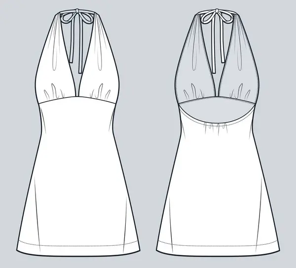 stock vector Halter Dress technical fashion Illustration. Mini Dress fashion flat technical drawing template, draping, tie knot, front and back view, white, women Dress CAD mockup.