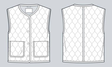  Down Jacket Teknik Moda İllüstrasyonu. Yelek ceketi moda düz çizim şablonu, yama cebi, düğme, kolsuz, ön ve arka görünüm, beyaz, kadın, erkek, unisex CAD modeli.