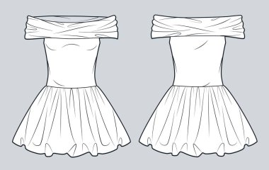  Poplin 'in popo tekniği ile Sholder Elbisesi' nin dışında. Drape Mini elbise düz teknik çizim şablonu, balon etek, ön ve arka manzara, beyaz, kadın CAD modeli giyin.
