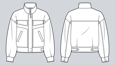 Bombacı ceketi moda düz teknik çizim şablonu. Fermuarlı Ceket teknik tasviri, büyük boy, cepler, ön ve arka görüş, beyaz, kadın, erkek, unisex Outerwear CAD modeli.