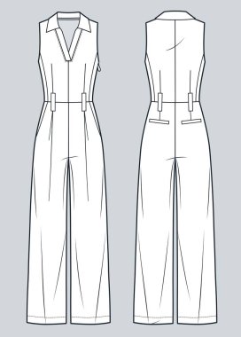 Polo Collar Jumpsuit technical fashion Illustration. Wide Leg Jumpsuit fashion flat technical drawing template, v neck, pockets, side zipper, front and back view, white, women, men, unisex CAD mockup. clipart