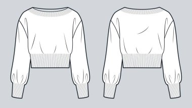  Sweater technical fashion illustration. Sweatshirt fashion flat technical drawing template, boat neck, balloon sleeve, cropped, oversize, front and back view, white, women, men, unisex Top CAD mockup.