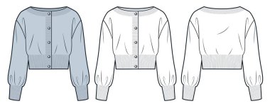  Örgü Cardigan teknik moda illüstrasyonu. Süveter moda düz çizim şablonu, tekne yakası, balon kolu, düğmeler, mahsul, büyük boy, ön ve arka görüş, beyaz, mavi, kadınlar, erkekler, unisex CAD model seti.