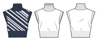 Yuvarlak boyunlu süveter, teknik moda tasviri, çizgili desen. Süveter yelekli düz teknik çizim şablonu, kırpılmış, gevşemiş forma, ön ve arka görüş, beyaz, mavi, kadın, erkek, unisex CAD model seti.