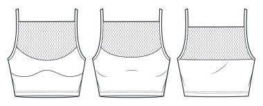 Melez Tepesi Teknik Moda İllüstrasyonu. Spor sutyeni düz teknik çizim şablonu, kayış, ön ve arka görünüm, beyaz, kadın CAD model seti.
