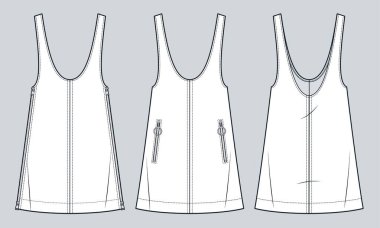  Dungaree Dress technical fashion Illustration. Plunge Mini Dress fashion flat technical drawing template, A-line, zipper, pocket, relaxed fit, front and back view, white, women Dress CAD mockup set. clipart