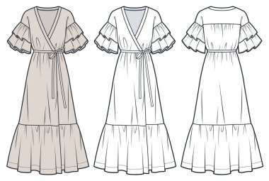  Uzun Elbise Teknik Moda İllüstrasyonunu Sarın. Ruffle Kollu Elbise Düz Teknik Şablon, çizgili bel, katmanlı, rahat formda, ön ve arka görünüş, beyaz, bej, kadın CAD model seti.