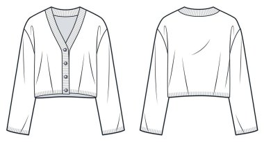  Crop Cardigan teknik moda illüstrasyonu. V Neck süveter düz çizim şablonu, kırpılmış, düğmeler, gevşek formda, ön ve arka görünüm, beyaz, kadın, erkek, unisex Top CAD modeli.