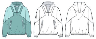  Yarı Zip Hoodie teknik moda illüstrasyonu. Kapüşonlu Ceket Moda Düz Çizim Şablonu, Cepler, Büyük Boyut, Ön ve Arka Görünüm, Beyaz, Yeşil, Kadınlar, Erkekler, unisex Üst Moda Moda Seti.