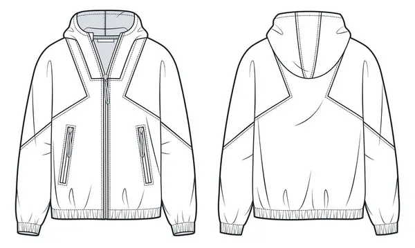 stock vector Zipped Jacket technical fashion illustration. Hooded Sweatshirt fashion flat technical drawing template, pockets, oversize, front and back view, white, women, men, unisex Top CAD mockup.