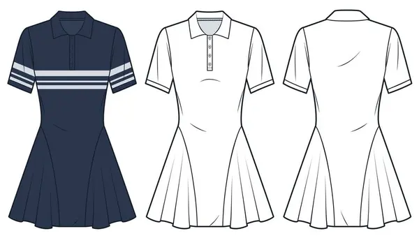 stock vector  Polo Dress technical fashion illustration, striped design. Jersey mini Dress fashion flat technical drawing template, flare, slim fit, front and back view, white, deep blue, women Dress CAD mockup set.