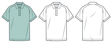 Raglan Sleeve Polo Shirt technical fashion illustration. Golf Polo Shirt fashion flat technical drawing template, short sleeve, buttons, relaxed fit, front and back view, white, green, women, men, unisex Top CAD mockup set. clipart