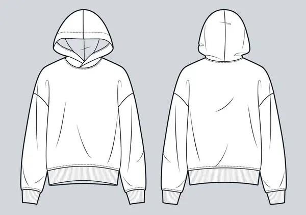 stock vector Hooded Sweatshirt technical fashion illustration. Sweatshirt fashion flat technical drawing template, oversize, front and back view, white, women, men, unisex Top CAD mockup.