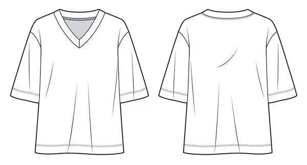 Stock vector  V-Neck T-Shirt fashion flat tehnical drawing template. Half Sleeve T-Shirt technical fashion illustration, oversize, front and back view, white, women, men, unisex Top CAD mockup.