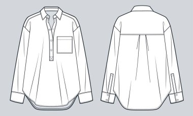 Yarım Düğmeli Gömlek teknik tasviri. Büyük yakalı gömlekli düz çizim şablonu, cebi, ön ve arka görüntüsü, beyaz, kadın, erkek, unisex CAD modeli.