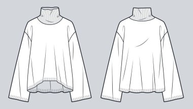  Roll Neck Sweater technical fashion illustration. Sweatshirt fashion flat technical drawing template, oversize, front and back view, white, women, men, unisex CAD mockup. clipart