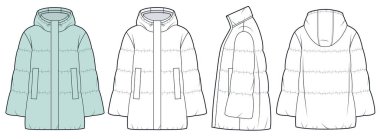 Kapüşonlu Ceket Teknik Moda İllüstrasyonu. Bell Coleve Jacket moda düz çizim şablonu, cepler, ön, yan ve arka görünüm, beyaz, yeşil, kadınlar, erkekler, unisex Outerwear CAD model seti.